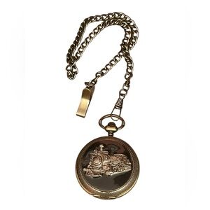 VTG Antique Bronze Pocket Watch Steam Locomotive Train Quartz Japan Movt Chain
